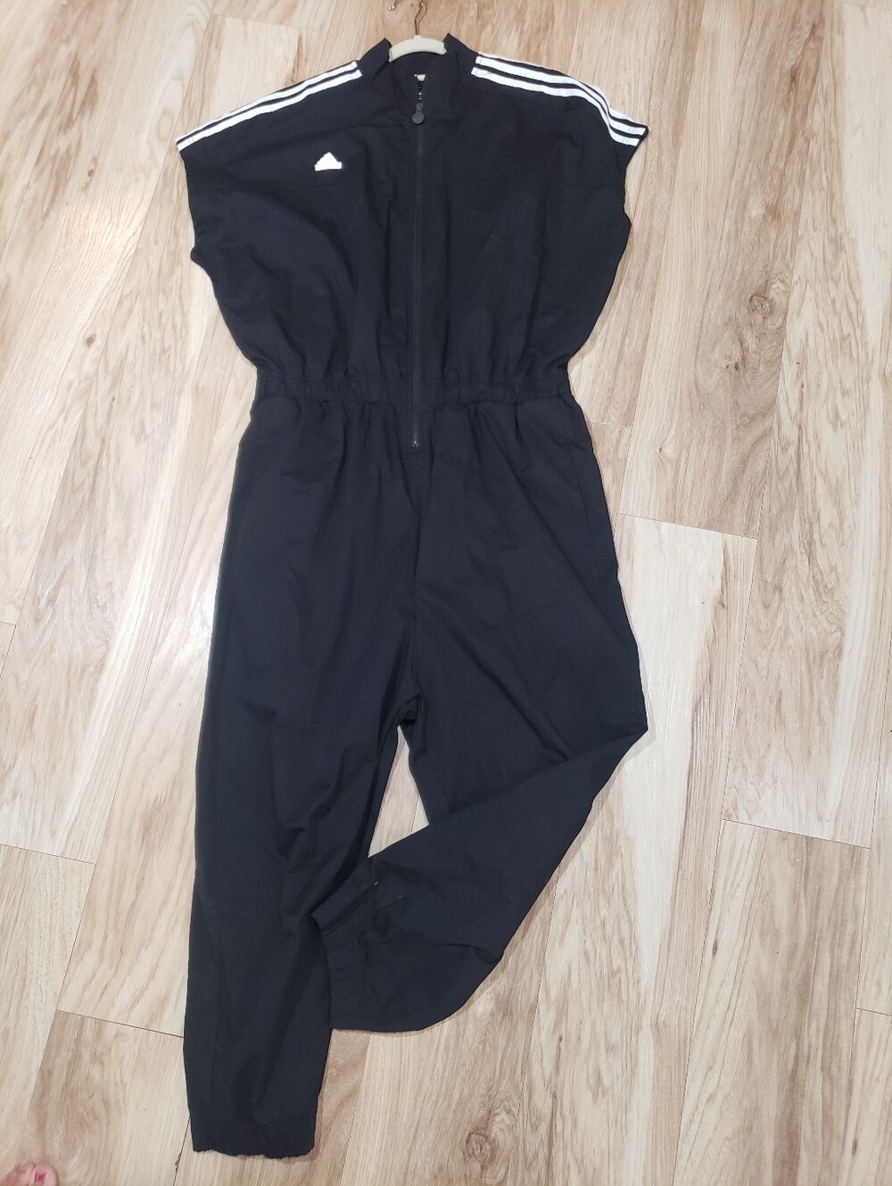 Adidas Black Jumpsuit Zip Up Front 3 White Stripes Logo WOMEN 2XL Flight Suit
